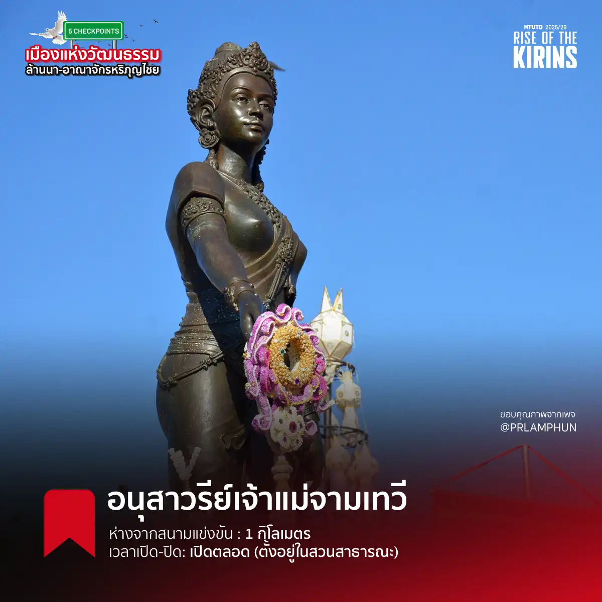 A photo of the Queen Chamadevi Monument in a public park.